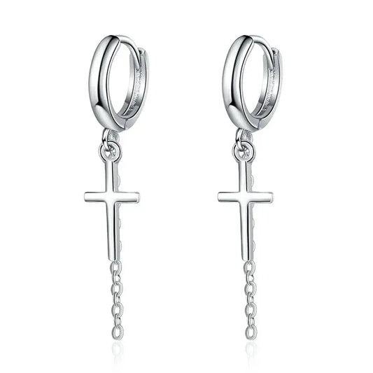 Boucle d'Oreille Croix Pendante Argent